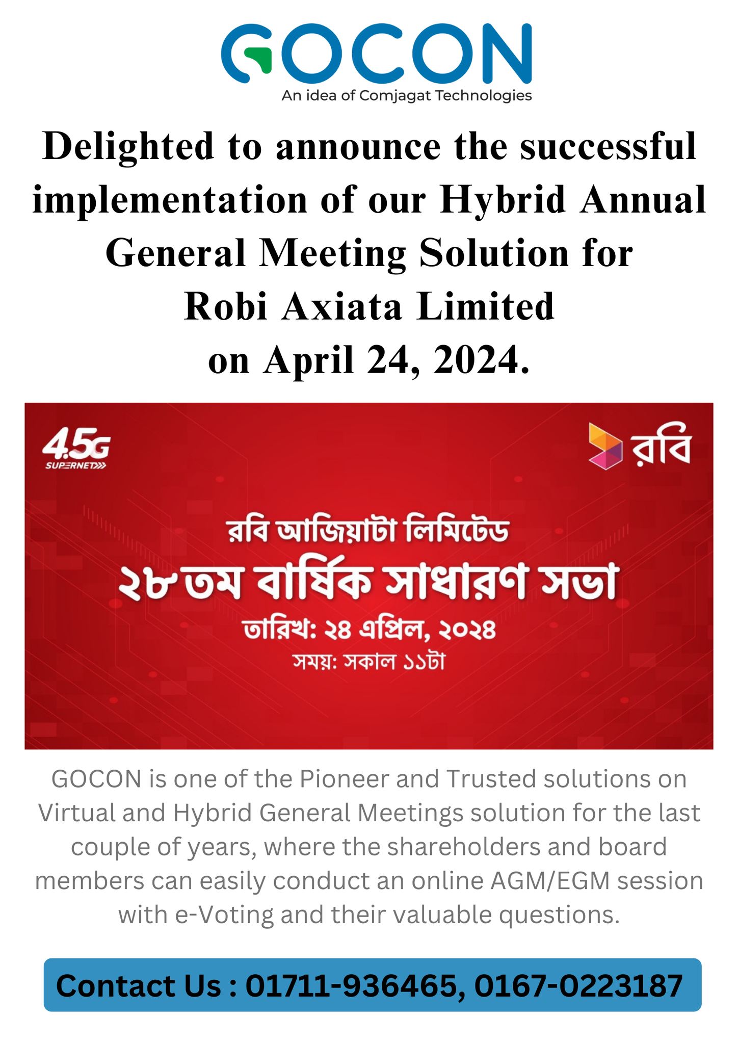Robi Axiata and Comjagat Technologies Pioneer Hybrid AGM with GoCON Virtual Platform in Bangladesh